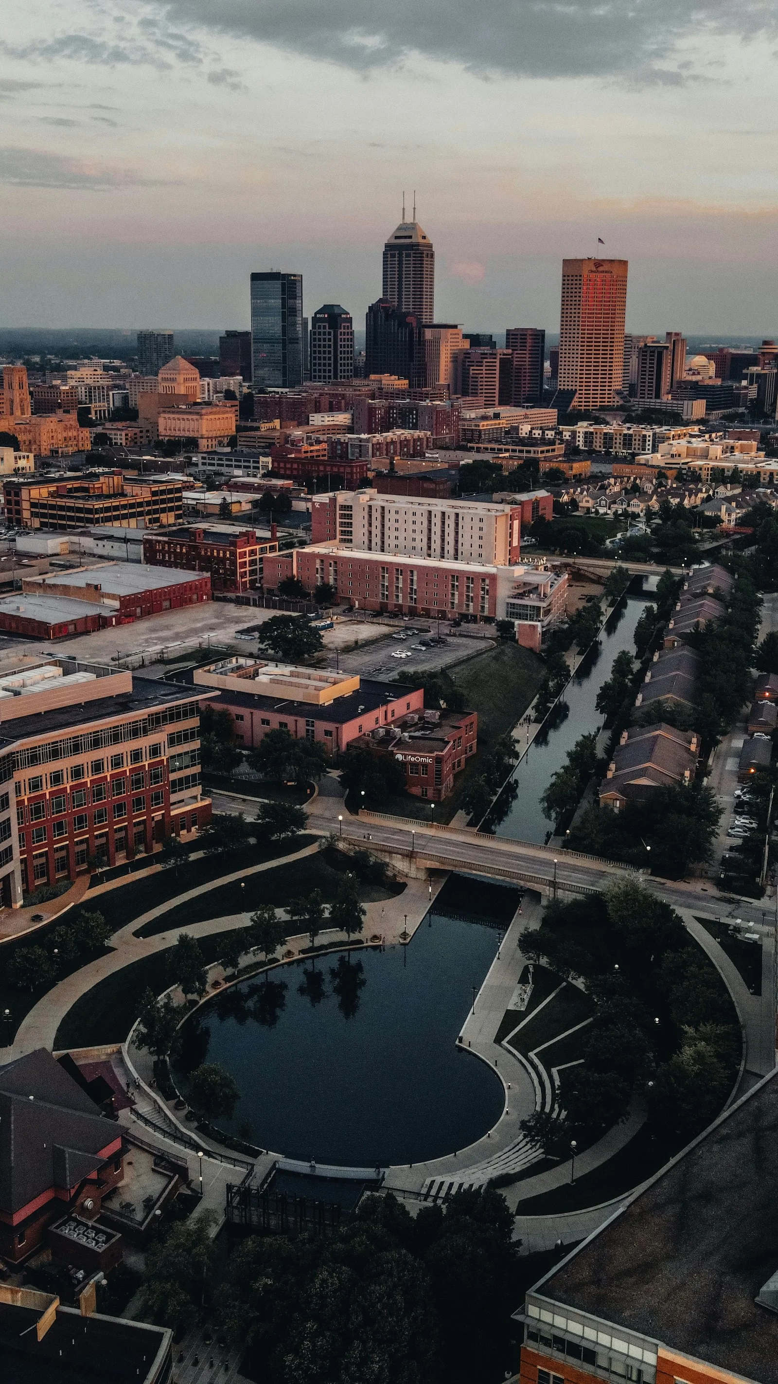 Indianapolis canal and downtown skyline at golden hour